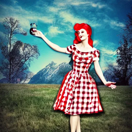 Prompt: giant alice in wonderland, pin up, houses, trees, mountains, woman, city, digital art, photo, blue dress, collage