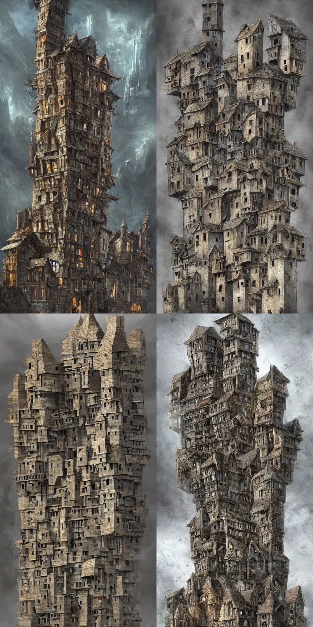 Prompt: an infinite amount of medieval houses stacked on each other, creating a monolith, concept art, very very very very tall, trending on deviantart, movie still, award wining photograph