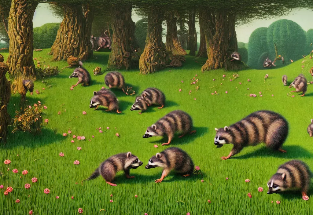 Prompt: hyper detailed 3d render like a Oil painting - playful raccoons frolic in a peaceful lush meadow, by Jacek Yerka, Mariusz Lewandowski, Houdini algorithmic generative render, Abstract brush strokes, Masterpiece, Edward Hopper and James Gilleard, Zdzislaw Beksinski, Mark Ryden, Wolfgang Lettl, hints of Yayoi Kasuma, octane render, 8k