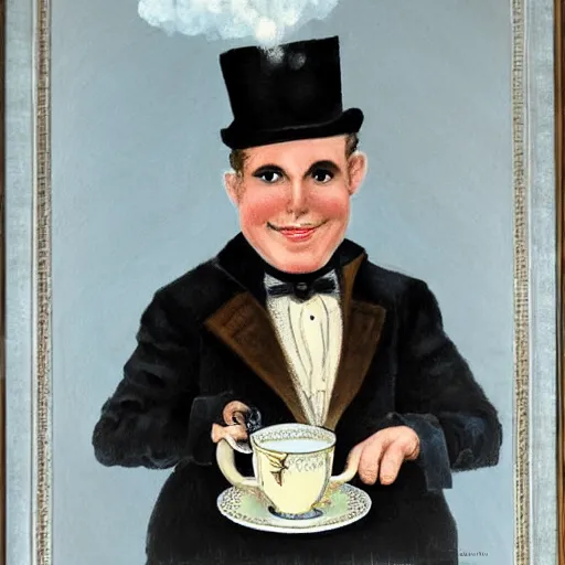 Prompt: a clockwork butler holding a plate of tea cups, steam punk, painting.