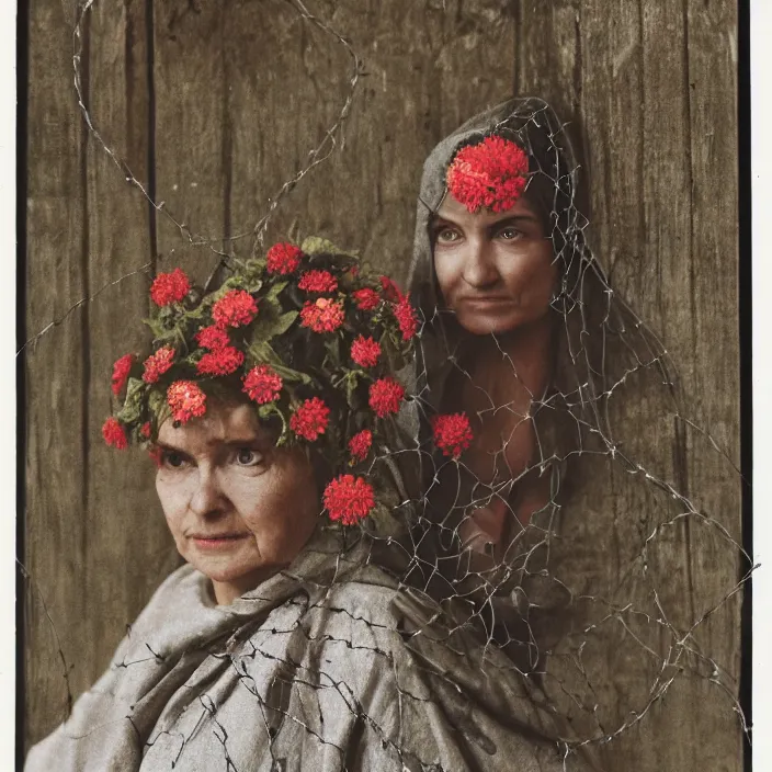 Prompt: a woman wearing a hooded cloak made of zinnias and barbed wire, in a derelict house, detailed face, CANON Eos C300, ƒ1.8, 35mm, 8K, medium-format print