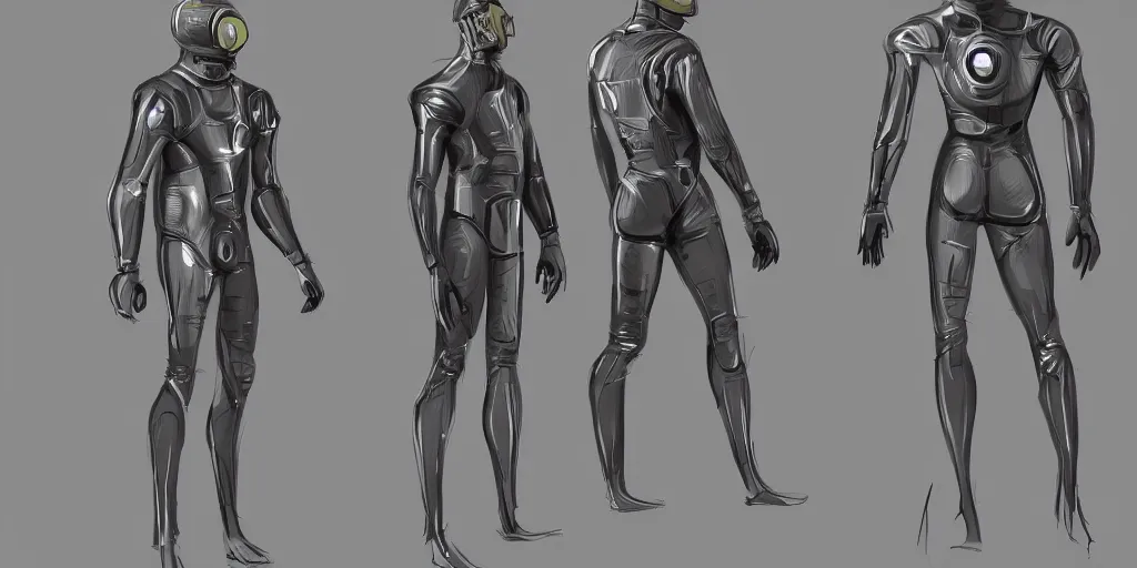 Prompt: male, science fiction space suit, character sheet, concept art, stylized, large shoulders, large torso, long thin legs, exaggerated proportions, concept design