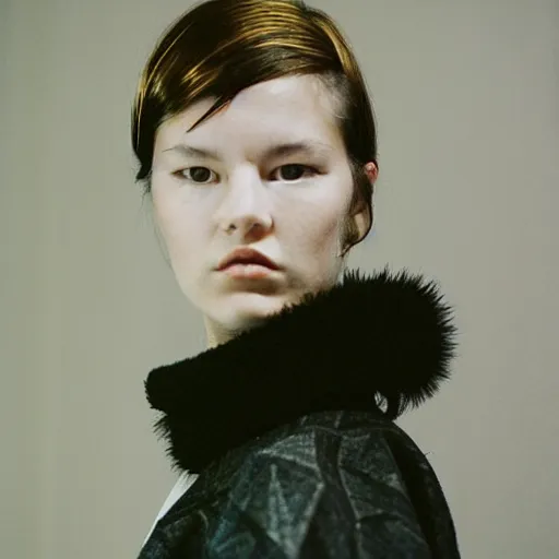 Image similar to realistic! photoshoot for a new maison margiela lookbook, color film photography, portrait of a beautiful woman, in style of alasdair mclellan, 35mm