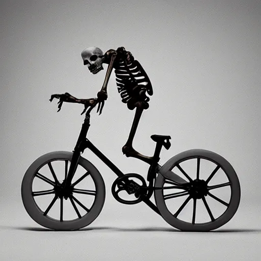 Image similar to “skeleton with a huge head riding a bicycle, studio lighting”
