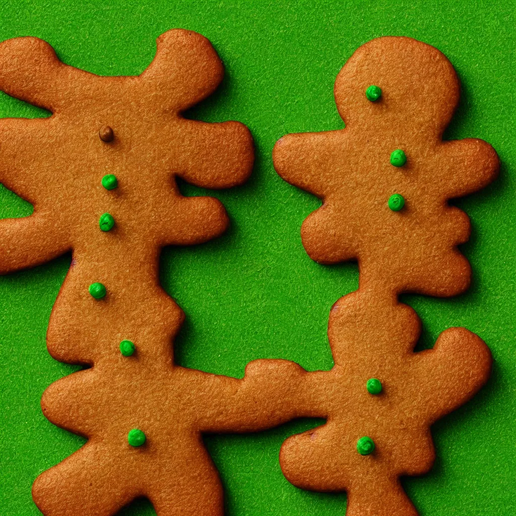 Image similar to top-down view of a cute gingerbread man on top of a green surface, 8k, high detail, photorealistic, proper shading