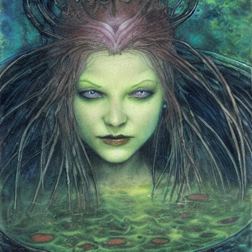 Image similar to smirking rusalka of the blighted swamp, aquiline features, black shimmering hair, by brian froud, cold secondary colors, oil on canvas