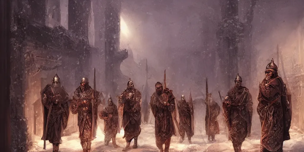 Image similar to byzantine styled warrior - monks patrol the streets of a sacred necropolis in winter, sharp focus, intricate concept art, ambient lighting, artstation