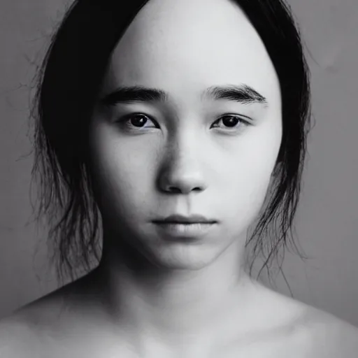 Prompt: a masterpiece portrait photo of a beautiful young woman who looks like an asian ellen page, symmetrical face