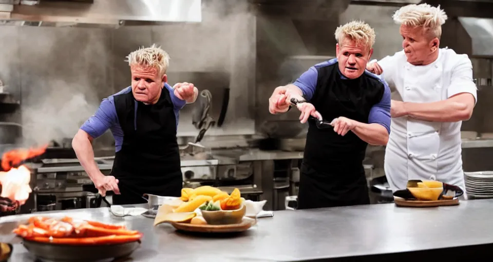 Image similar to photo of angry furious Gordon Ramsay fighting Gordon Ramsay at the kitchen