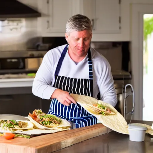 Prompt: middle aged white man making tacos in a big kitchen