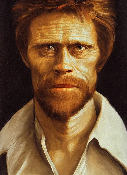 Image similar to portrait painting of willem dafoe with stubble, renaissance oil painting, studious chiaroscuro