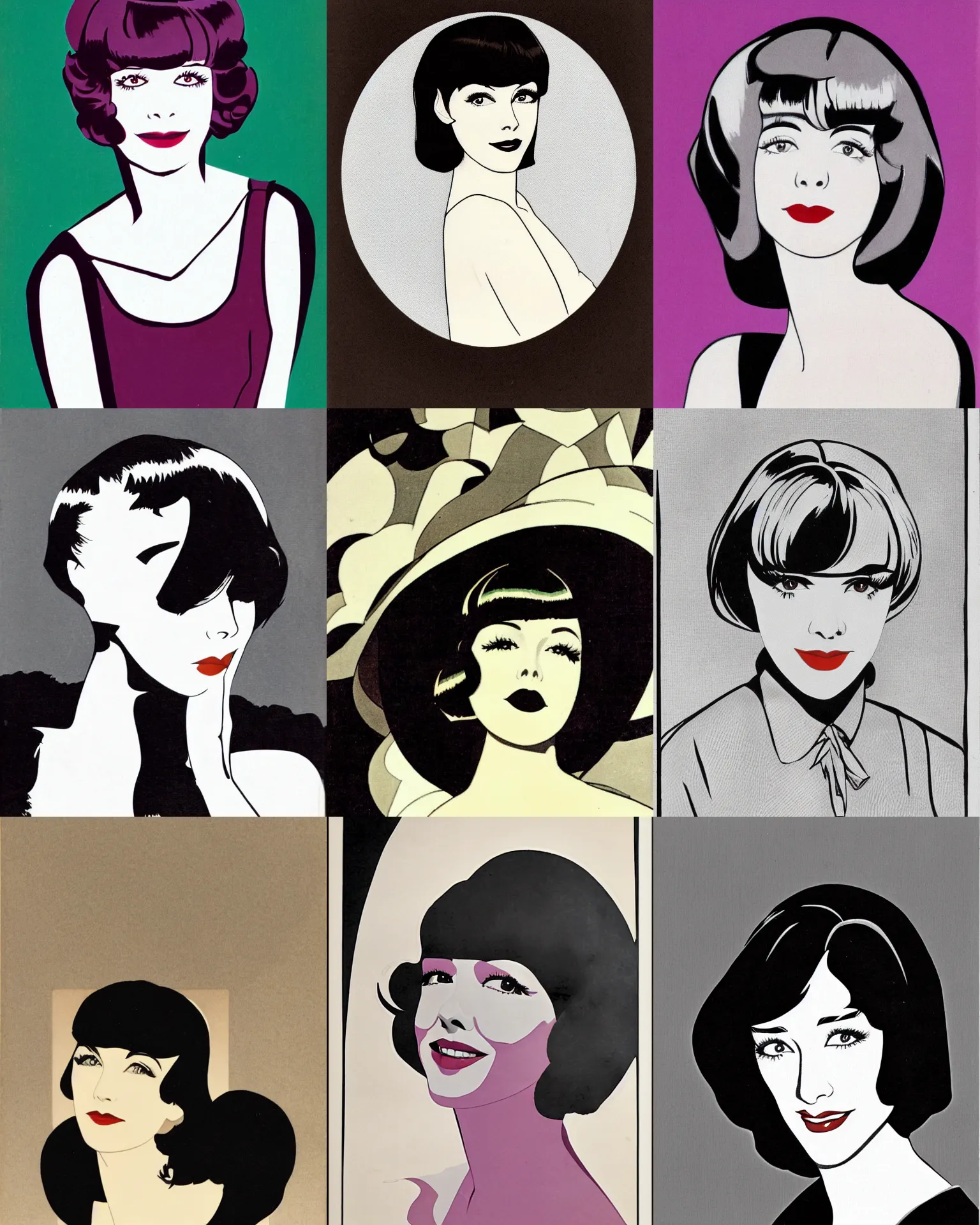 Image similar to Colleen Moore 25 years old, bob haircut, portrait by Patrick Nagel