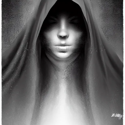 Prompt: Beautiful portrait of a mysterious hooded woman wearing robes all black, face shrouded in darkness, true romance, dark romance, dark fantasy, trending on artstation, cgsociety