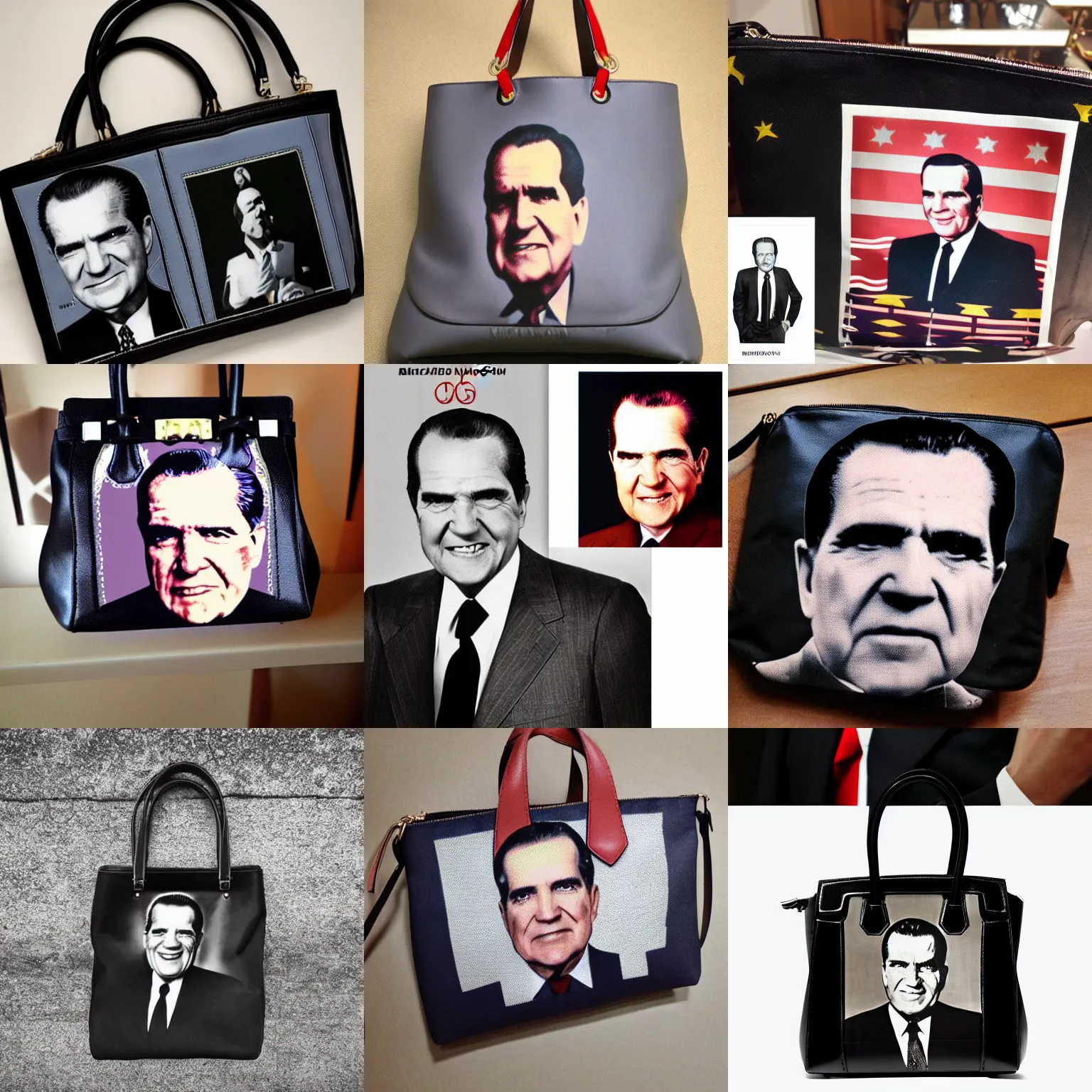 Prompt: designer purse with several images of richard nixon!!! pattern on it, fashion design, high fashion, elle magazine, cosmopolitan, glossy photo, crisp details, michael kors, givenchy, burberry