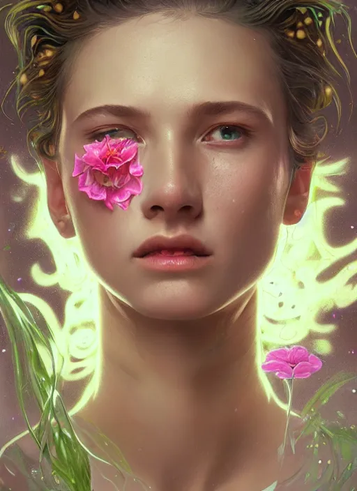 Prompt: portrait of androgynous face crying, flowers neon, fibonacci, sweat drops, insane, intricate, highly detailed, digital painting, artstation, concept art, smooth, sharp focus, illustration, Unreal Engine 5, 8K, art by artgerm and greg rutkowski and alphonse mucha