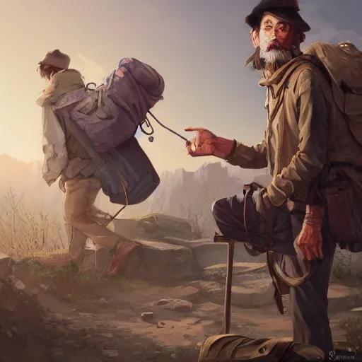 Image similar to character concept art of a hobo with rucksack, key visual, realistic shaded perfect face, fine details, dystopian environment and background, by stanley artgerm lau, wlop, rossdraws, james jean, andrei riabovitchev, marc simonetti, and sakimichan, trending on artstation in disco elysium