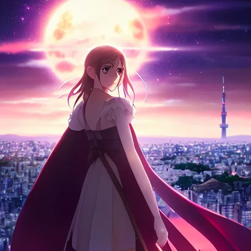 Image similar to portrait emma watson in heavens feel movie, tokyo, ufotable, key visual, cinematic, city background, night time, rooftop, fate stay night, unlimited blade works, greg rutkowski, high resolution, street clothes, anime, high budget