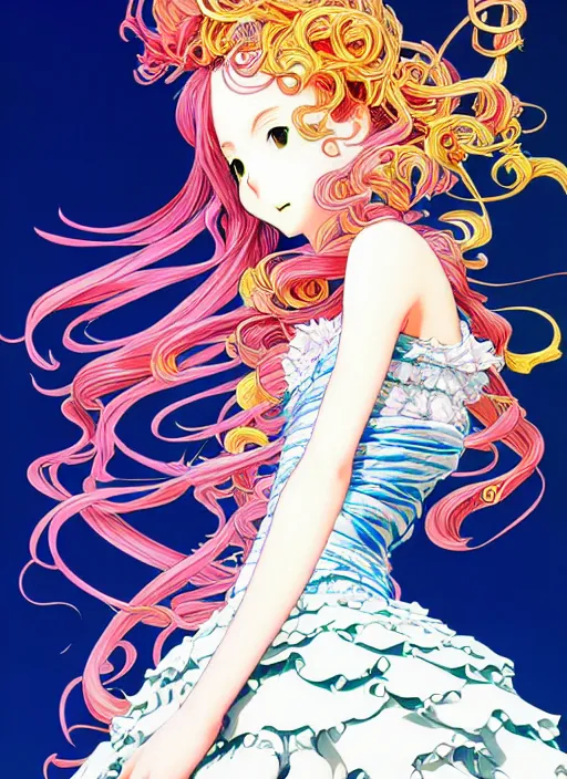 Image similar to exquisite imaginative fate manga poster design of princess, long wavy hair, rococo ruffles dress, fluorescent, illustration, artstation, dark fantastic, highly detailed, 8 k, maximalist, by shigenori soejima, minaba hideo, katsuhiro otomo, jump comics