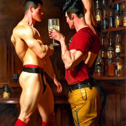 Prompt: attractive muscular male wearing pants with red hair and muscular attractive male wearing pants with black hair, drinking their hearts out, in a pub. very defined and highly detailed painting by j. c. leyendecker, gaston bussiere, craig mullins 8 k