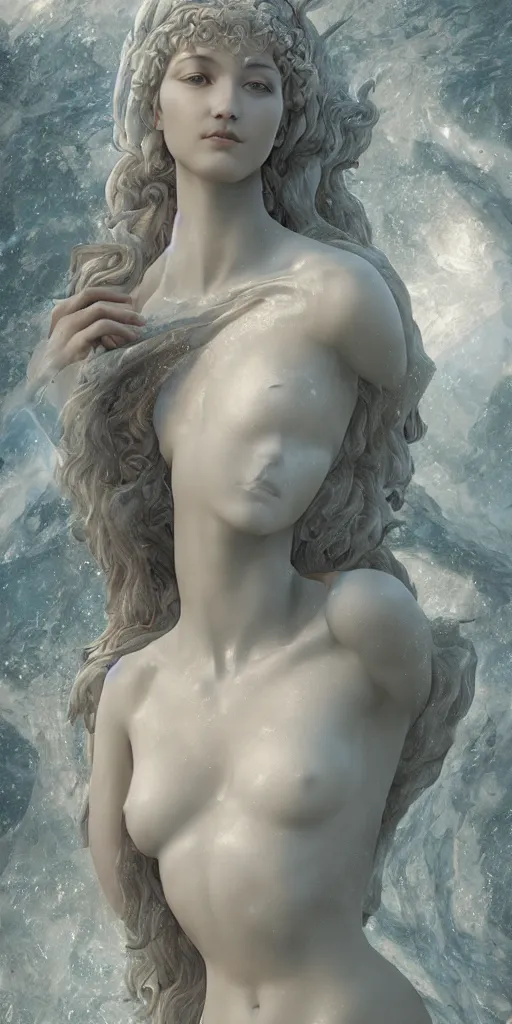 Prompt: a delicate renaissance marble goddess covered with water veil, highly detailed transparent marble cloth, gi, global illumination, physically based rendering, photorealistic, top light, dark background by Edgar Maxence and Ross Tran, boris vallejo