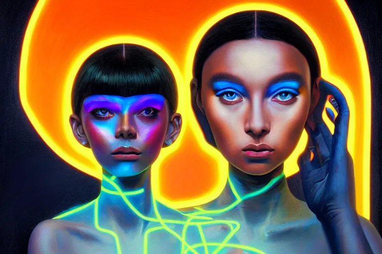 Image similar to patron saint of 🛸🌈👩🏾, futuristic clothing, neon god of city character portrait, in the style of margaret keane, moebius, tom bagshaw, and waterhouse, cinematic lighting, beautiful, elegant, oil painting,