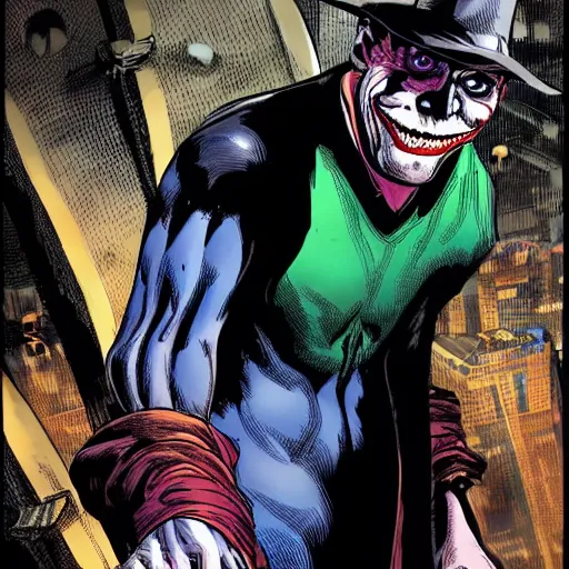 Prompt: willem dafoe as the joker, in batman : arkham knight, comic book style, by john romita jr, stan lee, jack kirby