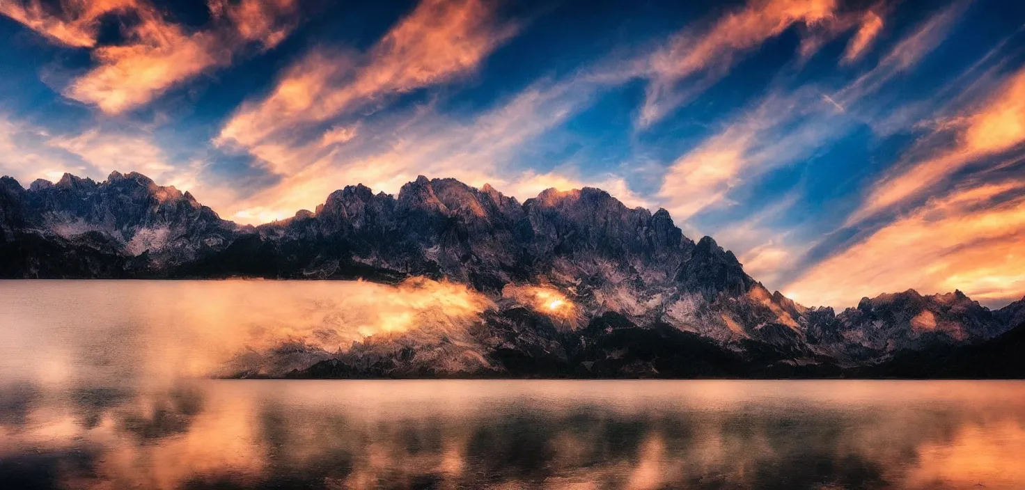 Prompt: amazing landscape photo of mountains with lake in sunset, beautiful dramatic lighting