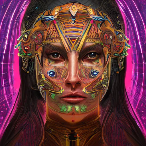 Prompt: portrait of a future metaverse ayahuasca tech shaman warrior, 2 d cartoon, visionary art, symmetric, magick symbols, holy halo, shipibo patterns, sci - fi, concept art, trending on art station, 8 k digital art, by mandy jurgens, fantasy portrait art, anime