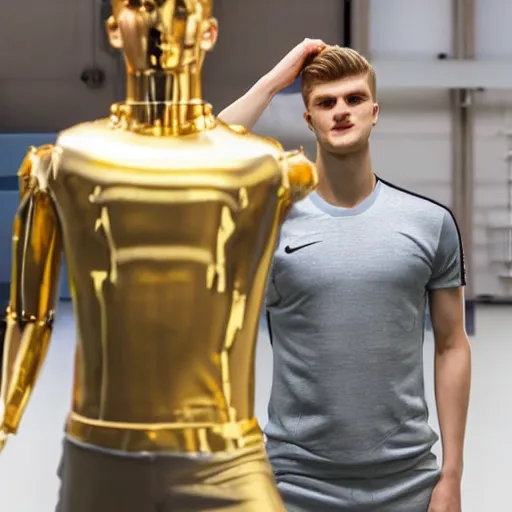 Image similar to a realistic detailed photo of a guy who is an attractive humanoid who is half robot and half humanoid, who is a male android, soccer players martin ødegaard & timo werner, shiny skin, posing like a statue, blank stare, in a factory, on display, showing off his muscles, gold soccer shorts, side view, looking at each other mindlessly