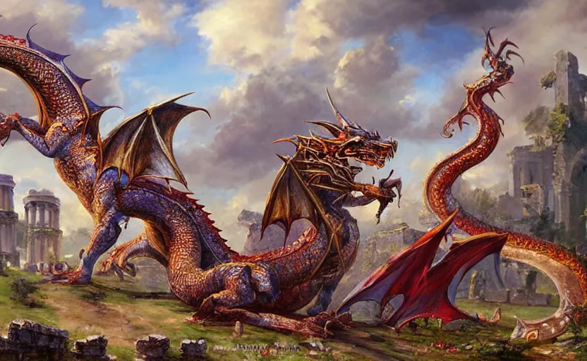 Image similar to Colossal dragon on ancient ruins. By Konstantin Razumov, highly detailded