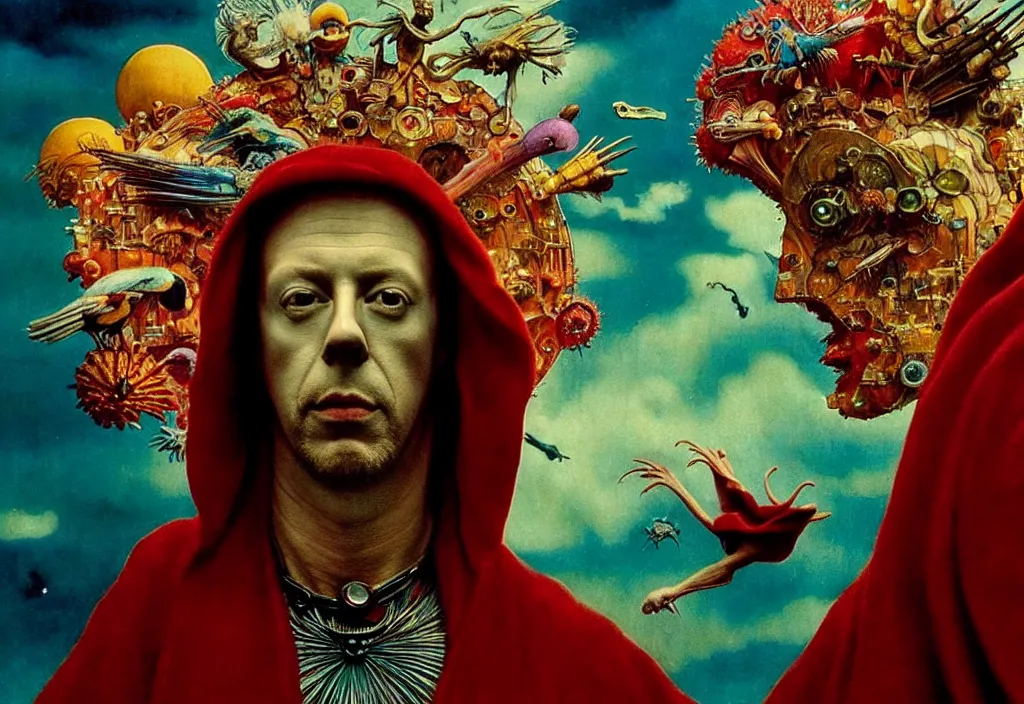 Image similar to realistic detailed portrait movie still of a birdman wearing dark robe, sci fi landscape background by denis villeneuve, amano, yves tanguy, alejandro jodorowsky, alphonse mucha, max ernst, ernst haeckel, roger dean, masterpiece, rich moody colours, snarling dog teeth