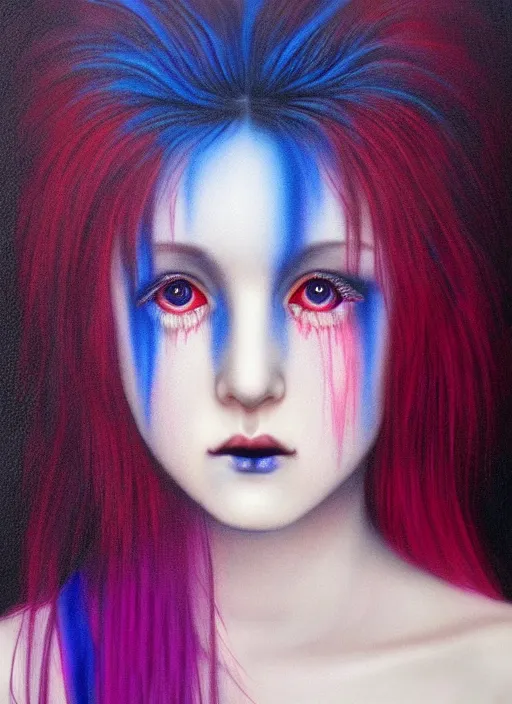 Prompt: beautiful matte airbrush portrait of a maiden with sad eyes crying on a white background, inspired by ayami kojima, 8 0's airbrush aesthetic, purple red and blue color palette, art by pater sato