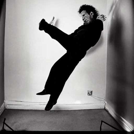 Image similar to tom waits crawling on the ceiling like he is possessed by a demon