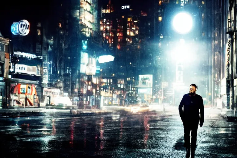 Image similar to a cinematic photograph of ricky gervais walking through a dystopian city street with a halo around his head, rain falls, neon advertisement light up the street, ultra realistic, high definition