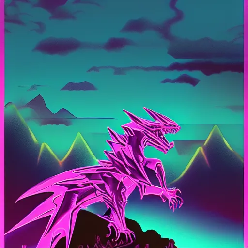 Image similar to aesthetic synthwave dragon on a mountain between the clouds