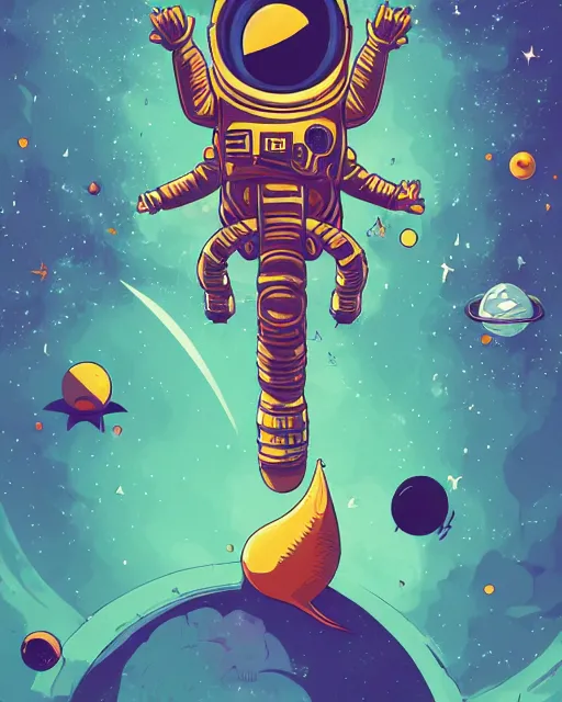 Prompt: wide shoot an cosmonaut lie relaxed on a crescent moon between the stars and the planets in outer space, cosmonaut post grunge concept art,psychedelic,high detail,4k, trending on artstation by josan gonzalez and tyler edlin