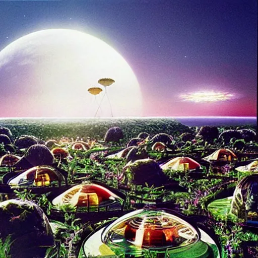 Prompt: “lush utopian solar village on aloha centauri, film still 1970s sci-fi”