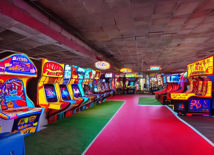 Prompt: interior shot of a large 8 0's arcade, 8 k, highly detailed, dimly lit