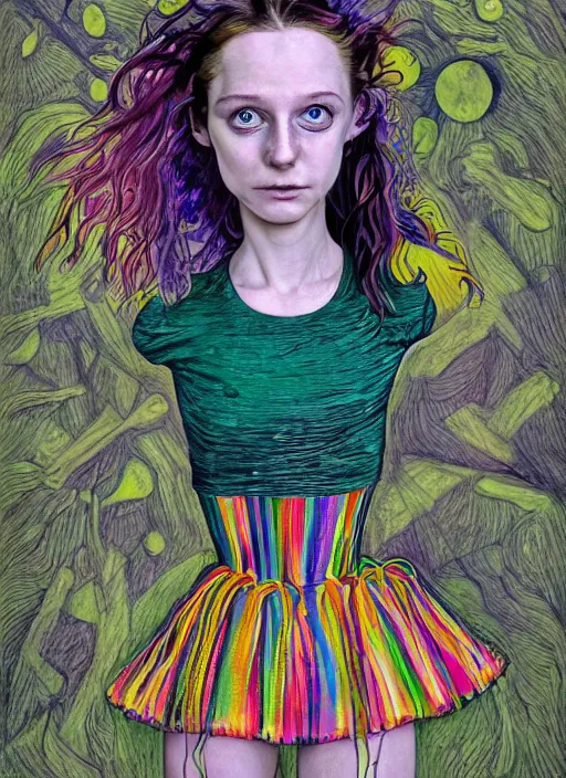 Prompt: surrealism psychedelic full body portrait sketch of thomasin mckenzie as delirium of the endless in fishnet top and rainbow tutu skirt from the sandman, floating goldfish, green and blue eye heterochromia by alex ross, josh kirby, detailed, elegant, intricate