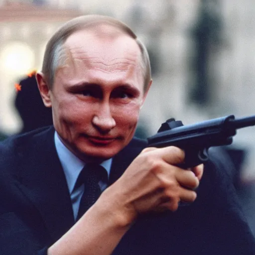 Prompt: photo of putin pointing a gun, red lighting cinestill, 800t, 35mm, full-HD