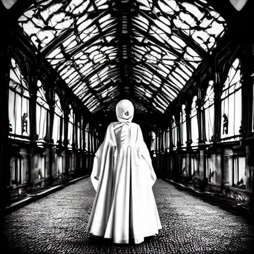Prompt: ghost woman in elaborate gown in haunted train station, Victorian architecture, spooky, mist, depth of field”