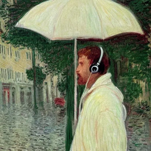 Image similar to painting of a guy with white hoodie and headphones at a bus stop in genoa rainy day by monet