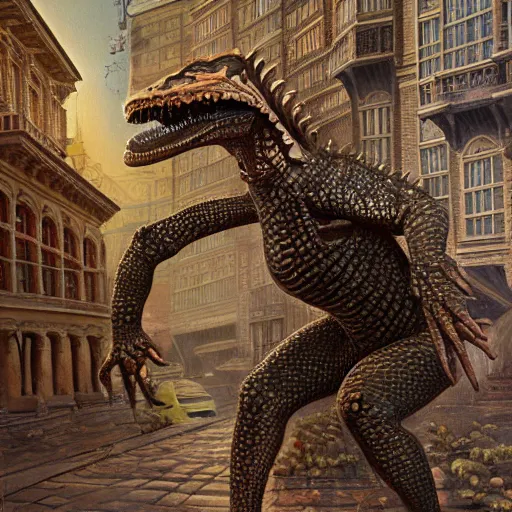 Prompt: humanoid reptilian man walks through the center of a city, extremely detailed oil painting, 1 9 2 0's colored pencil, highly detailed, highly accurate, deep aesthetic, 8 k, highly ornate intricate details, cinematic lighting, rich colors, beautiful scenic view, ray tracing, hyperrealistic, photorealistic, cinematic landscape, trending on artstation, concept art,