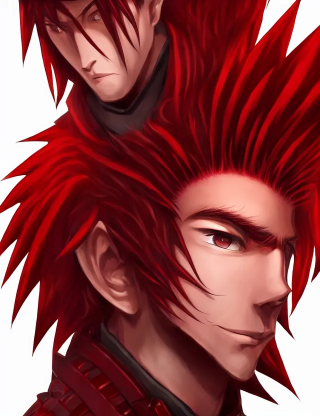 Prompt: a detailed manga portrait of a handsome tall man with spiked crimson hair in fiery crimson crystalline armour, trending on artstation, digital art, 4 k resolution, detailed, high quality, sharp focus, hq artwork, coherent, insane detail, character portrait