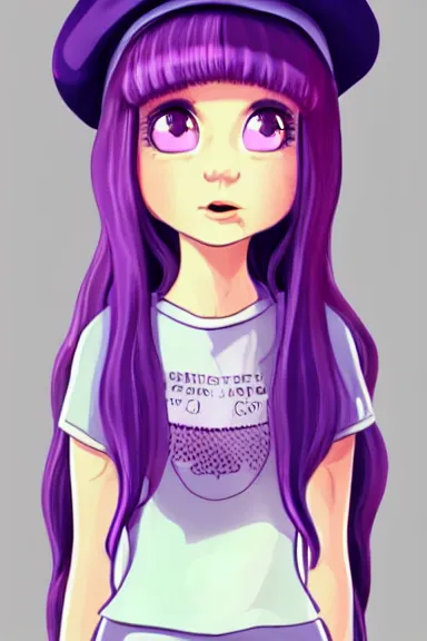 Prompt: a little girl wearing a mushroom hat in 9 0 s outfit | | purple curvy hair, pretty face, fine details, digial art by lois van baarle and sakimichan, anatomically correct, perfect composition, symmetrical, fantastic, clean details, anime character, extremely detailed, ray tracing, aesthetic