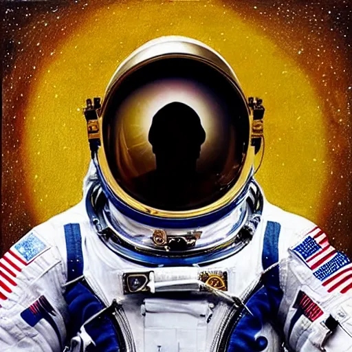 Prompt: “astronaut on board international space station wearing black space suit and gold helmet, highly detailed, realistic, portrait, no flag patch, symmetrical, photorealistic, proportional, beauty, fish eye lens, nasa, spacex, galaxies, in the style of Edward hooper oil painting sun rising”