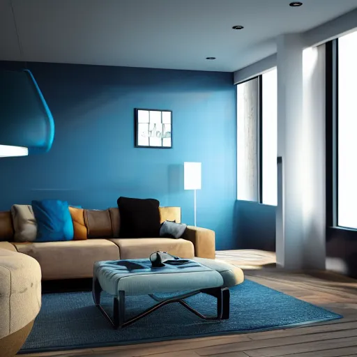 Image similar to futuristic looking living room, dark with blue neon lights, contrasted, dark floor, octane render