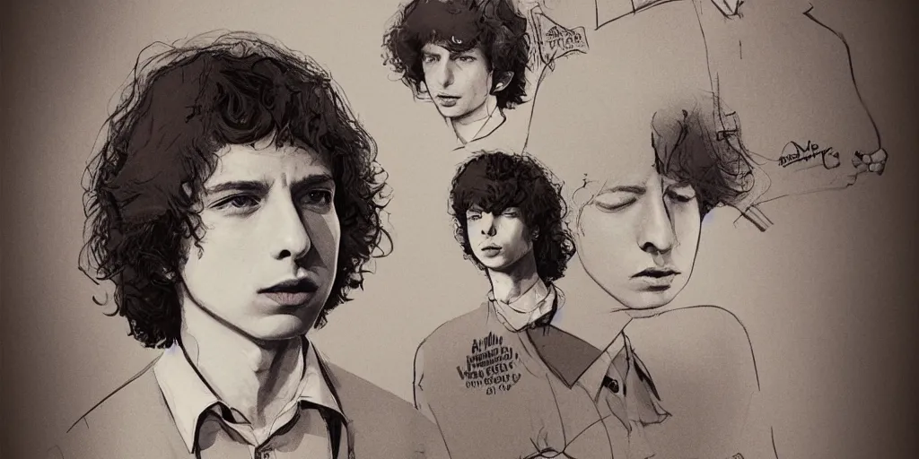 Prompt: finn wolfhard as 1 9 6 6 bob dylan, character sheet, concept art, contrast, kim jung gi, greg rutkowski, zabrocki, karlkka, jayison devadas, trending on artstation, 8 k, ultra wide angle, pincushion lens effect