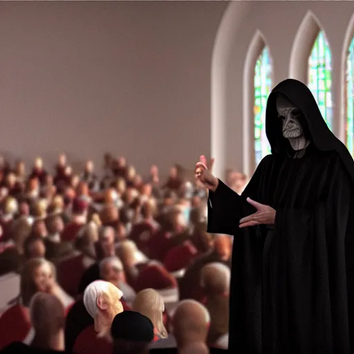 Image similar to emperor palpatine preaching to people at church, 8k cinematic lighting, very sharp detail, anatomically correct