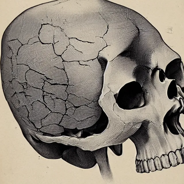 Image similar to vintage anatomical illustration of a fragmented skull into hundreds of pieces, vintage textbook